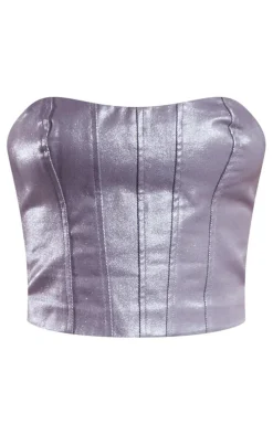 Gunmetal Glitter Coated Denim Corset Seam Detail Top
