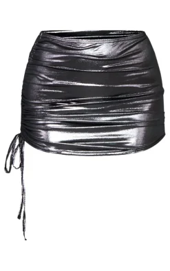 Gunmetal Metallic Ruched Side Mini Skirt