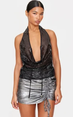 Gunmetal Metallic Ruching Detail Mini Skirt