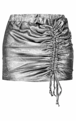 Gunmetal Metallic Ruching Detail Mini Skirt