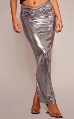 Gunmetal Shimmer Woven Twist Front Maxi Skirt