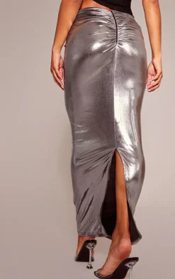 Gunmetal Shimmer Woven Twist Front Maxi Skirt