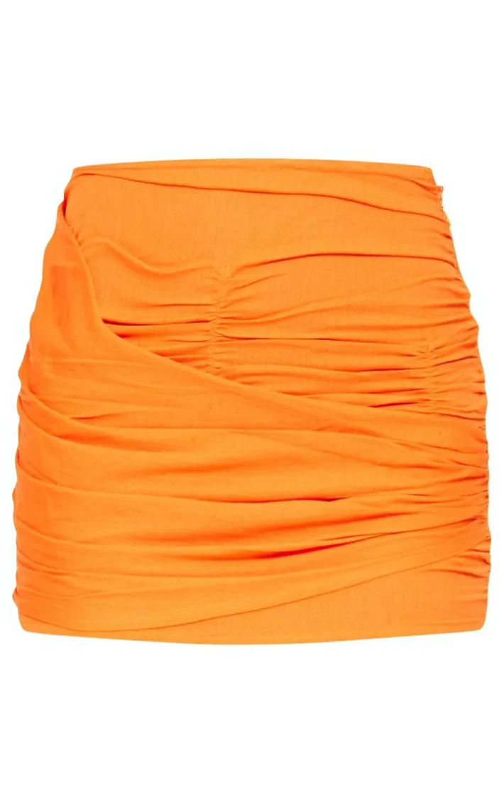 Hot Orange Linen Look Wrap Front Mini Skirt