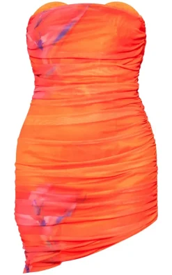 Hot Orange Printed Ruched Bodycon Dress