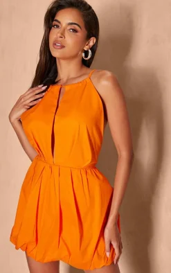 Hot Orange Woven Halterneck Puffball Mini Dress