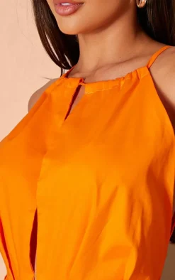 Hot Orange Woven Halterneck Puffball Mini Dress