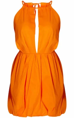 Hot Orange Woven Halterneck Puffball Mini Dress