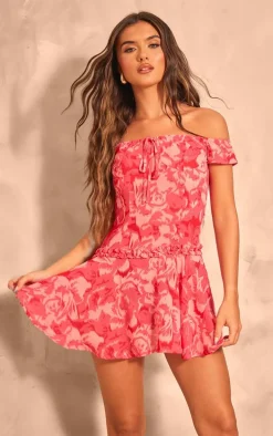 Hot Pink Abstract Print Frill Bardot Shift Dress