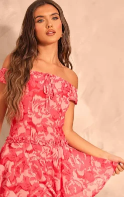 Hot Pink Abstract Print Frill Bardot Shift Dress