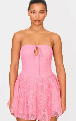 Hot Pink Bow Embroidered Lace Bandeau Romper