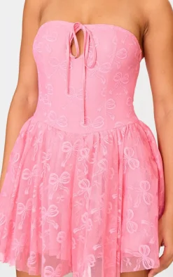 Hot Pink Bow Embroidered Lace Bandeau Romper