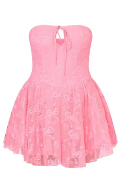 Hot Pink Bow Embroidered Lace Bandeau Romper