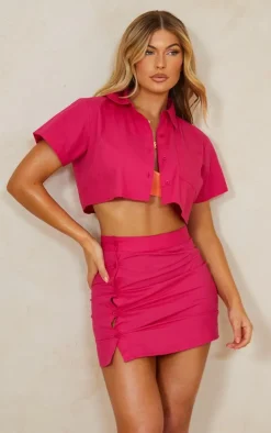 Hot Pink Boxy Cropped Pocket Front Shirt