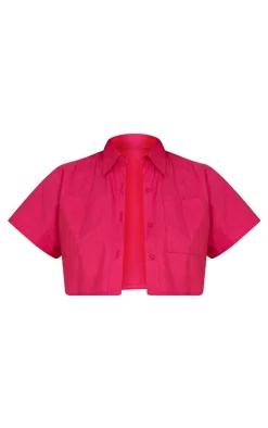 Hot Pink Boxy Cropped Pocket Front Shirt