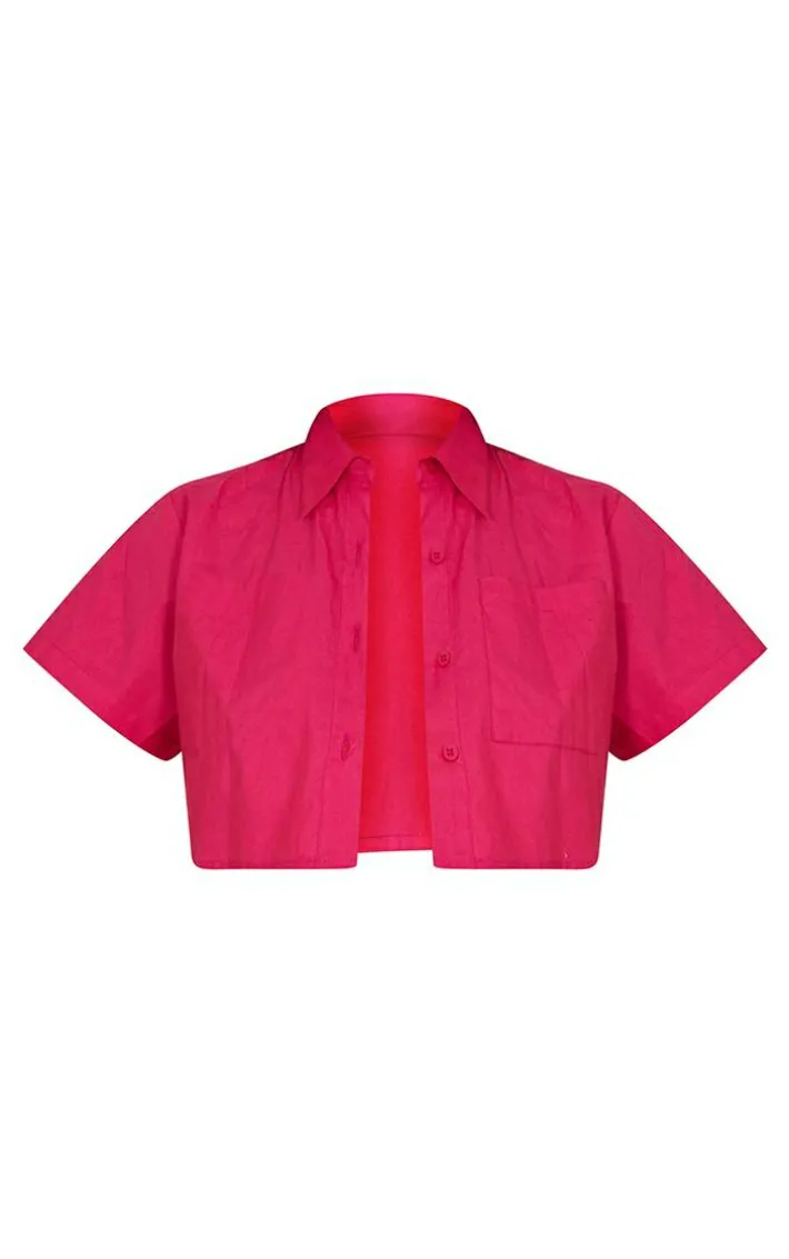 Hot Pink Boxy Cropped Pocket Front Shirt