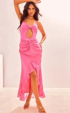Hot Pink Chiffon Frill Knot Midaxi Dress