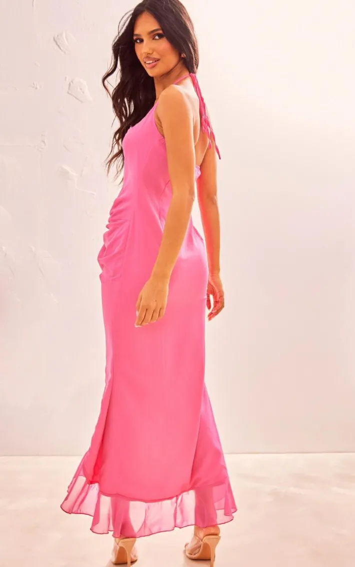 Hot Pink Chiffon Frill Knot Midaxi Dress