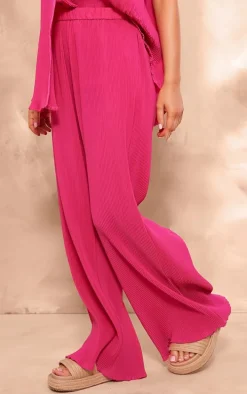 Hot Pink Chiffon Plisse Oversized Wide Leg Pants