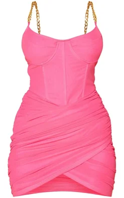 Hot Pink Corset Chain Strap Bodycon Dress