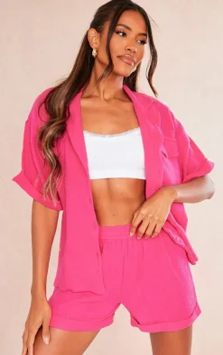 Hot Pink Cotton Cheesecloth Pocket Front Oversized Boxy Short Sleeved Shirt