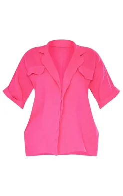 Hot Pink Cotton Cheesecloth Pocket Front Oversized Boxy Short Sleeved Shirt