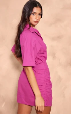 Hot Pink Cotton Poplin Ruched Shirt Dress