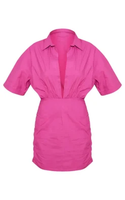 Hot Pink Cotton Poplin Ruched Shirt Dress