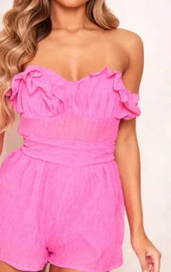 Hot Pink Crinkle Sheer Frill Detail Bandeau Romper