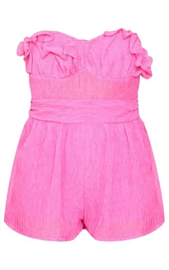Hot Pink Crinkle Sheer Frill Detail Bandeau Romper
