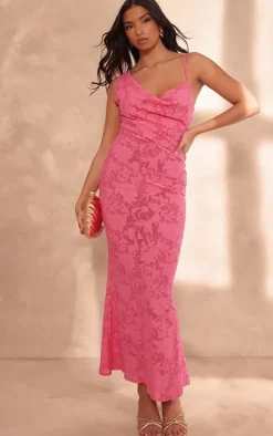 Hot Pink Devore Mesh Asymmetric Cowl Neck Maxi Dress