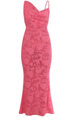 Hot Pink Devore Mesh Asymmetric Cowl Neck Maxi Dress