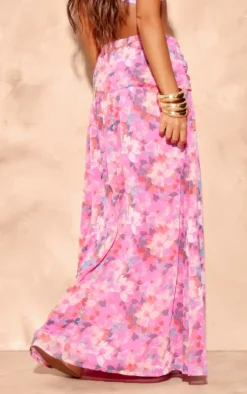 Hot Pink Floral Print Twist Front Maxi Skirt