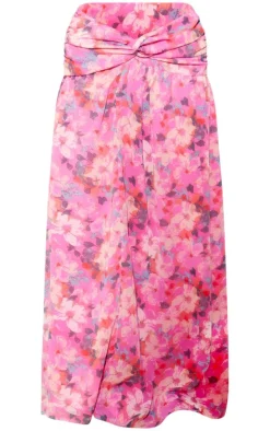 Hot Pink Floral Print Twist Front Maxi Skirt