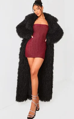 Hot Pink Glitter Plisse Bandeau Lettuce Hem Bodycon Dress