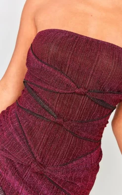 Hot Pink Glitter Plisse Knot Detail Bandeau Bodycon Dress