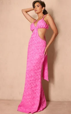 Hot Pink Jacquard Cut Out Maxi Dress