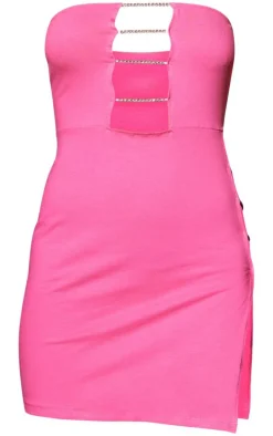 Hot Pink Jersey Bandeau Diamante Trim Detail Bodycon Dress