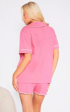 Hot Pink Jersey Piping Detail Short PJ Set