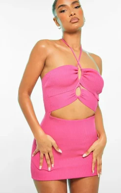 Hot Pink Lace Cross Front Rib Knit Dress