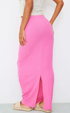 Hot Pink Linen Look Split Back Pencil Maxi Skirt