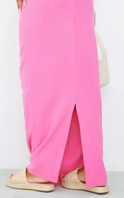 Hot Pink Linen Look Split Back Pencil Maxi Skirt