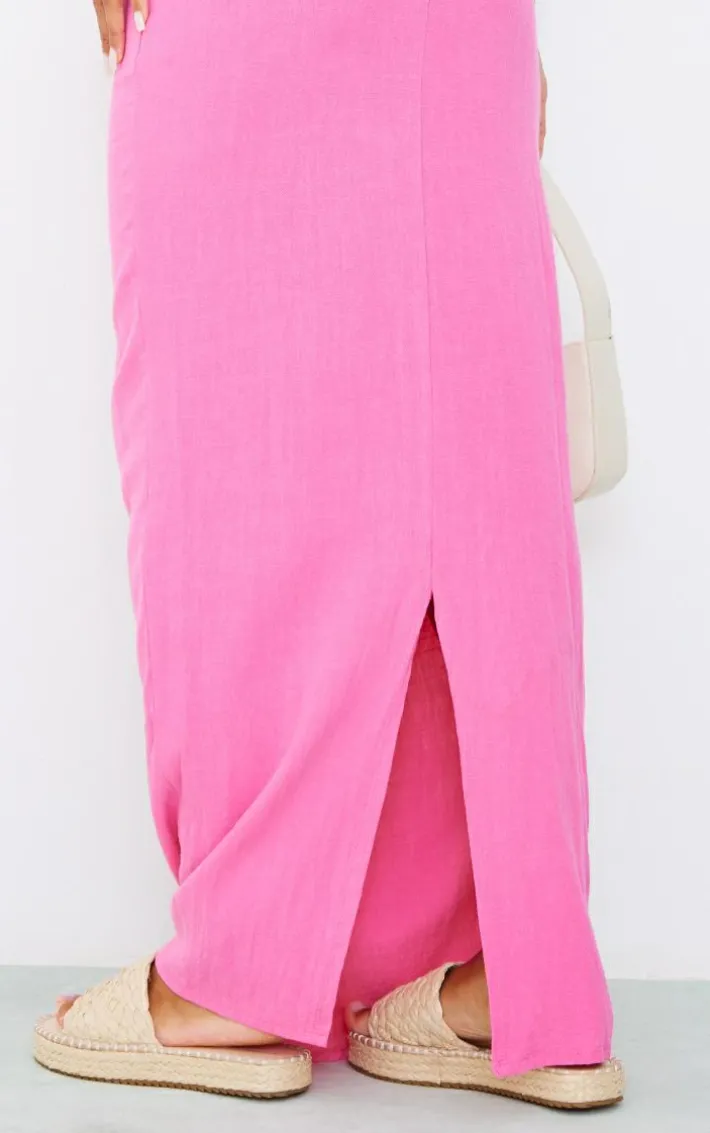 Hot Pink Linen Look Split Back Pencil Maxi Skirt