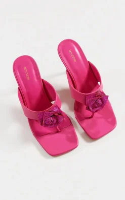 Hot Pink Pu Square Thong Toe Diamante Flower Heeled Mules