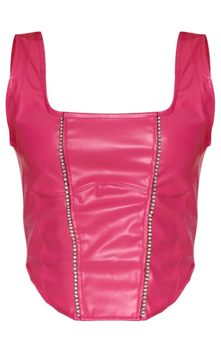 Hot Pink Pu Under Bust Detail Diamante Trim Dip Hem Corset