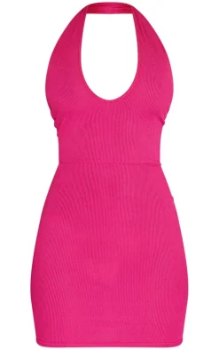 Hot Pink Ribbed Halterneck Tie Back Bodycon Dress