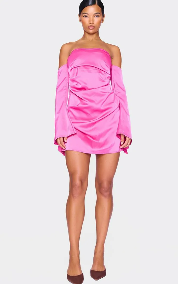 Hot Pink Satin Corset Bardot Ruched Long Sleeve Shift Dress