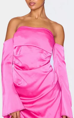 Hot Pink Satin Corset Bardot Ruched Long Sleeve Shift Dress