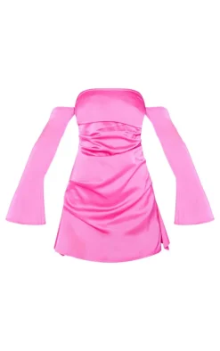 Hot Pink Satin Corset Bardot Ruched Long Sleeve Shift Dress