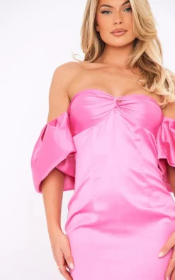 Hot Pink Satin Knot Bust Puff Sleeve Bardot Midaxi Dress