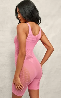 Hot Pink Sheer Seamless Diamond Trim Unitard